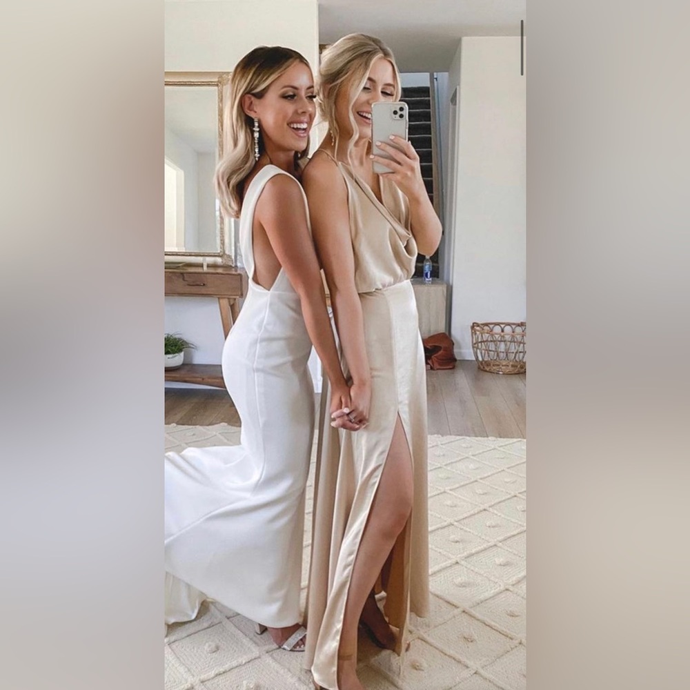Fame and Partners strappy cowl neck mermaid maxi in champagne
